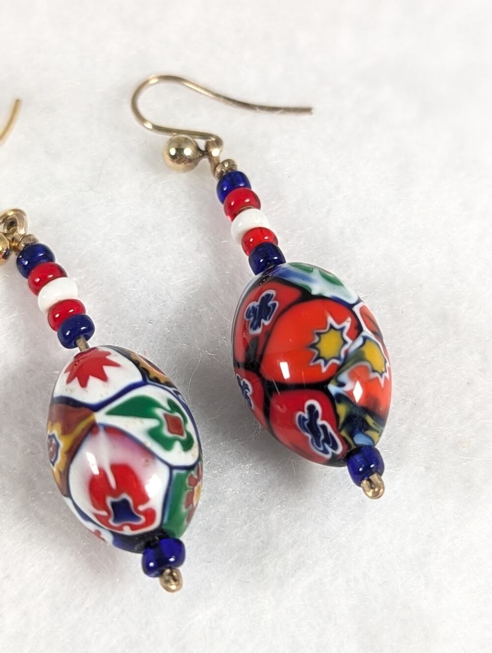 Vintage Italian Millefiori Glass Bead Dangle Earrings Red White & Blue 1980s EUC